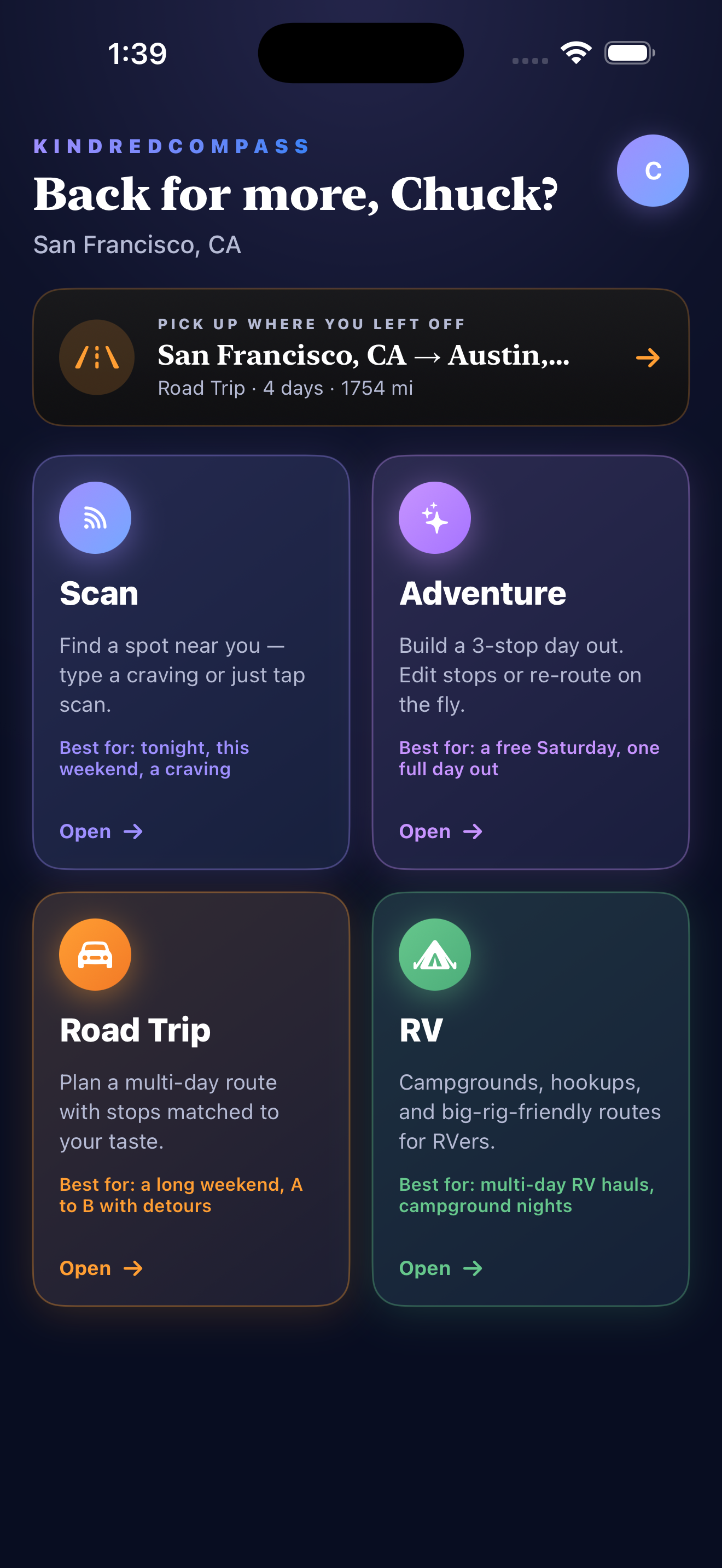 KindredCompass app showing matched spots